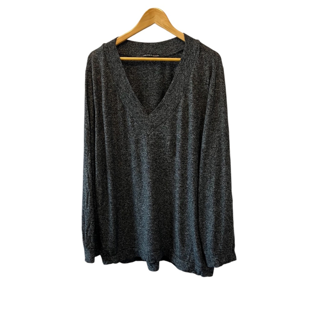HARLOWE & GRAMAM Grey Soft V Neck Long Sleeve Pullover Long Fit Top 2X